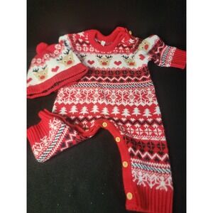 Baby Reindeer Fair Isle Knit Romper and Beanie Set Red White Size 68 (3 to 6 Mth